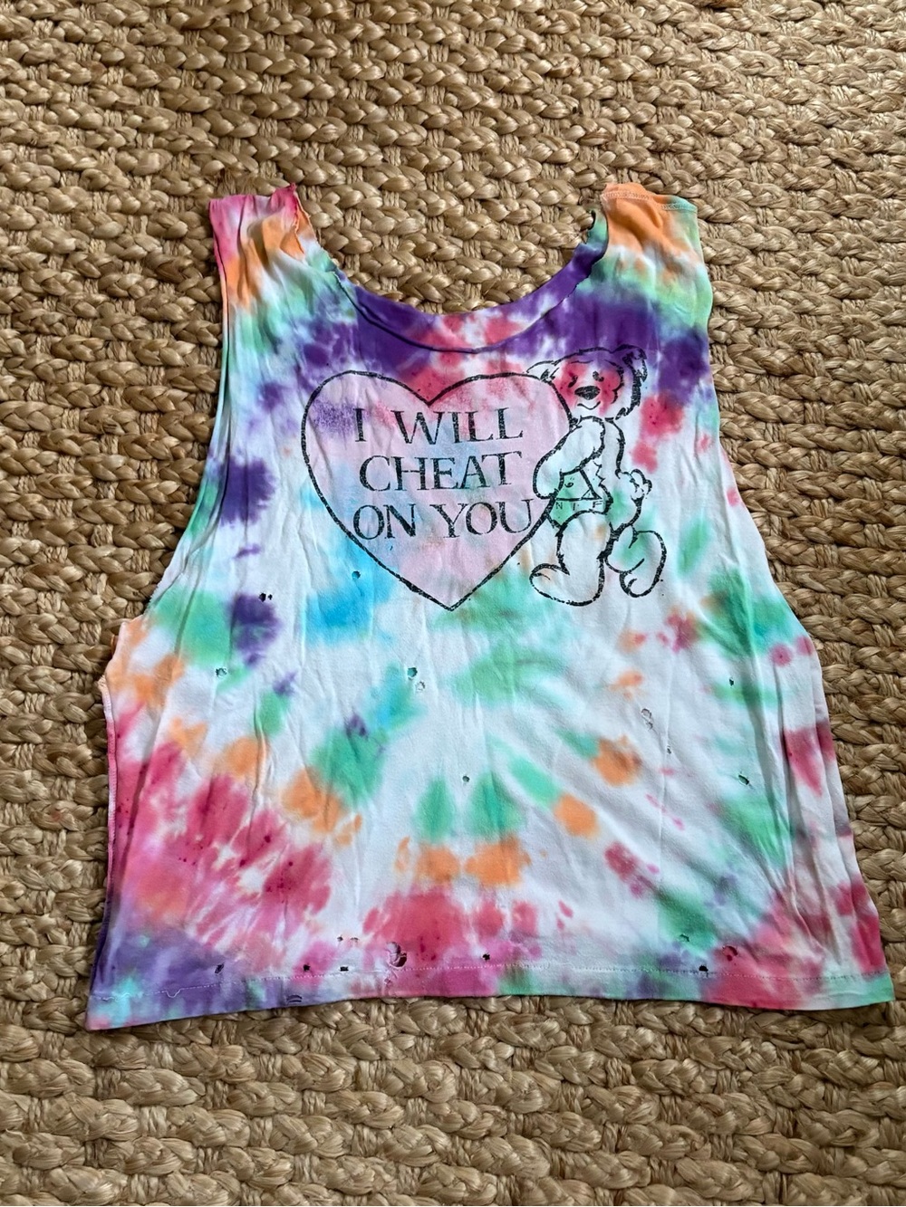 Y2K UNIF I will cheat on you teddy bear tie dye distressed tank top